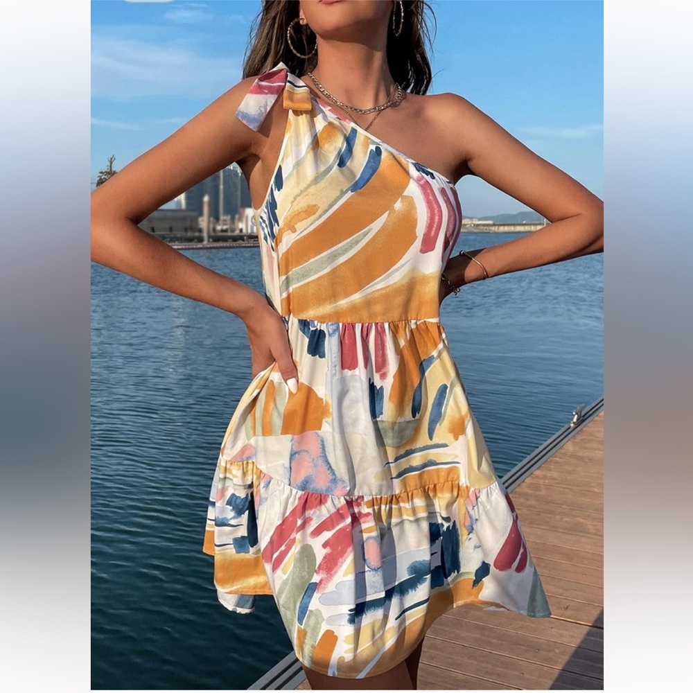 $28 NWOT SHEIN Breezaya Graphic Print One Shoulder Knot Side Ruffle Hem Dress M